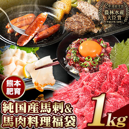 熊本県長洲町のふるさと納税 純国産馬刺し＆馬肉料理福袋 計1kg 熊本肥育 2年連続農林水産大臣賞受賞 送料無料 上赤身馬刺し100g たてがみ50g 馬とろ150g 馬ソーセージ500g 燻製 霜降り ハン馬ーグ200g(2個入り) タレ付き 熊本県長洲町《90日以内に出荷予定(土日祝除く)》