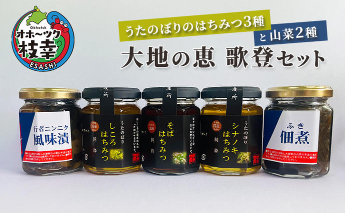 うたのぼりのはちみつ3種と山菜2種「大地の恵 歌登セット