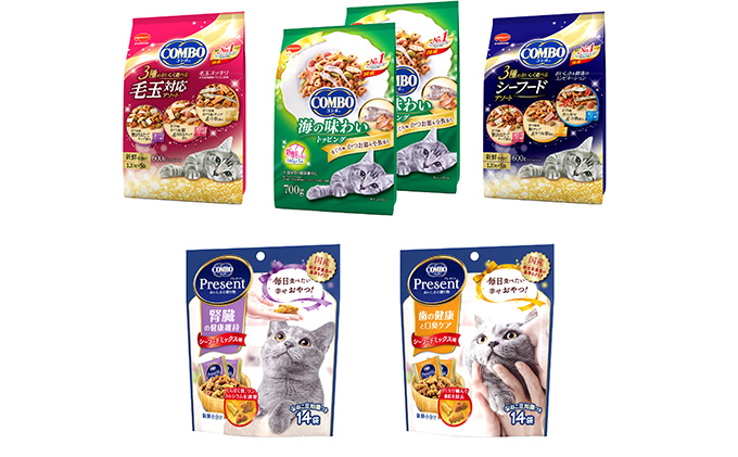 静岡県袋井市のふるさと納税 キャットフード：コンボ5種類アソート 日本ペットフード ネコ 猫 愛猫 ケア ペット えさ セット COMBO 歯 口臭 腎臓 アソート シーフード 毛玉 健康 キャット 加工食品 まぐろ味 かつお節 小魚添え