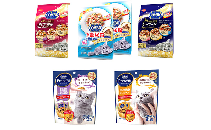 静岡県袋井市のふるさと納税 キャットフード：おやつコンボ5種類アソート 日本ペットフード ネコ 猫 愛猫 ケア ペット えさ セット COMBO 歯 口臭 腎臓 アソート シーフード 毛玉 健康 キャット 下部尿路 加工食品