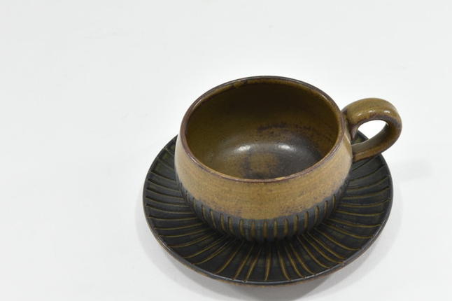 京焼「新羅釉木賊紋コーヒー碗・皿」（黒）1セット〈コーヒーカップ
