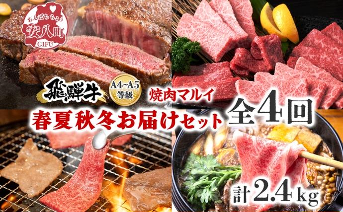 岐阜県安八町のふるさと納税 焼肉マルイ 飛騨牛 春夏秋冬お届けセット 4回 合計2.4kg 焼肉 A4 A5 等級 和牛 国産 国産牛 牛 牛肉 鉄板焼き バーベキュー ステーキ すき焼き 冷蔵 冷蔵保存 日本産 ブランド和牛 お取り寄せグルメ 送料無料 岐阜県 安八町