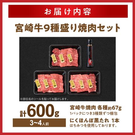 宮崎県都城市のふるさと納税 【数量限定】宮崎牛9種盛り焼肉セット_22-31-006-600g【肉 牛肉 人気 おすすめ 焼き肉 焼肉 BBQ】
