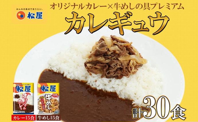 埼玉県嵐山町のふるさと納税 松屋 オリジナルカレーの具 180g 牛丼 プレミアム仕様 牛めしの具 135g 各15袋 30袋 セット 牛肉 カレー 辛口 スパイス カレギュウ レトルト 冷凍 時短 簡単 便利 レンチンおかず 備蓄 夜食 埼玉県 嵐山町
