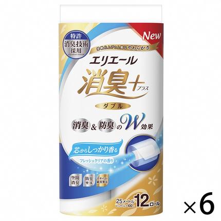 静岡県富士宮市のふるさと納税 0017-10-06 エリエール 消臭＋ トイレットティシュー しっかり香るフレッシュクリアの香り ダブル 12ロール×6パック 72ロール 25m　トイレットペーパー パルプ100％ 消臭 防臭 日用品 消耗品 備蓄