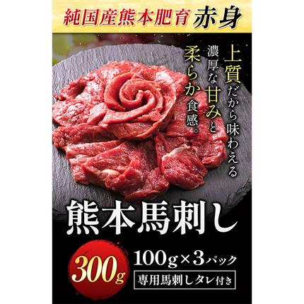 熊本県長洲町のふるさと納税 馬刺し 赤身 馬刺し 300g【純国産熊本肥育】 たっぷり300g 約100g×3 ブロック (タレ5ml×3袋)  生食用 冷凍 《30日以内に出荷予定(土日祝除く)》 馬刺し 馬肉 赤身馬刺し 馬刺し300g 馬刺しセット 生食馬刺し 国産 国産馬刺し 熊本 熊本馬刺し 送料無料