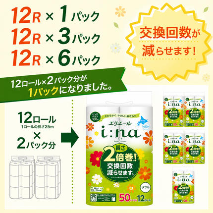 北海道赤平市のふるさと納税 エリエール i:na(イーナ) トイレットティシュー ダブル 50m 12R 6パック 計72ロール 最短 10日以内配送 最短配送 2倍巻 長持ち まとめ買い ペーパー 防災 常備品 備蓄品 消耗品 日用品 生活必需品 北海道 赤平市