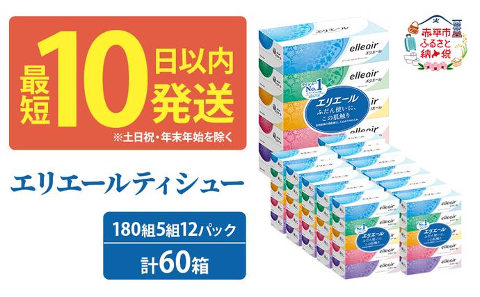 北海道赤平市のふるさと納税 エリエール ティシュー 180組5箱 12パック 計60箱 最短 10日以内 箱ティッシュ ボックスティッシュ まとめ買い ペーパー 紙 防災 常備品 備蓄品 消耗品 備蓄 日用品 生活必需品 送料無料 北海道 赤平市