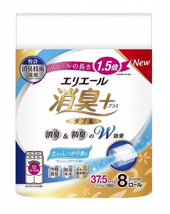 静岡県富士宮市のふるさと納税 0019-10-05 エリエール 消臭＋ トイレットティシュー しっかり香るフレッシュクリアの香り コンパクトダブル 8ロール×8パック 64ロール　1.5倍巻 37.5m トイレットペーパー ダブル パルプ100％ 消臭 防臭 日用品 消耗品 備蓄