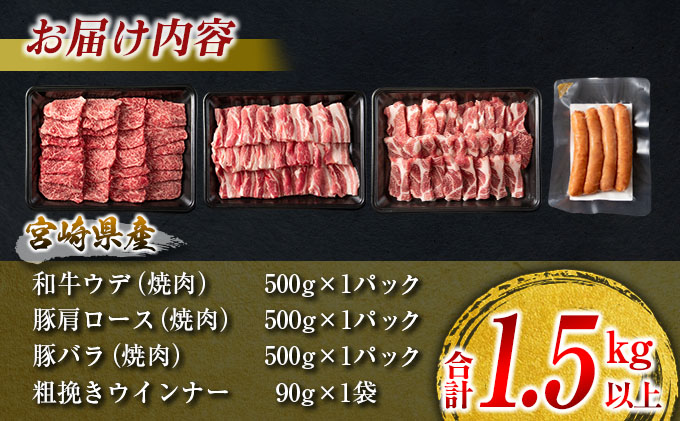 宮崎県日南市のふるさと納税 数量限定 牛肉 豚肉 食べ比べ パクパク 焼肉 セット 粗挽き ウインナー 合計1.5kg以上 国産 和牛 ウデ 豚肩ロース 豚バラ おかず 食品 人気 グルメ お弁当 BBQ キャンプ グランピング 詰め合わせ おすすめ お取り寄せ ミヤチク 宮崎県 日南市 送料無料_CD78-25