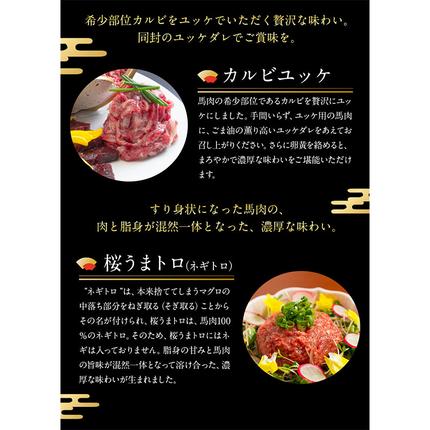 熊本県御船町のふるさと納税 馬刺し復興福袋4種セット 千興ファーム 馬肉 冷凍 《60日以内に出荷予定(土日祝含む)》 新鮮 赤身 コウネ カルビユッケ 桜うまトロ さばきたて 生食用 肉 熊本県御船町 馬刺し 馬肉 惣菜 希少部位 ばさし 馬刺 贈答 ギフト