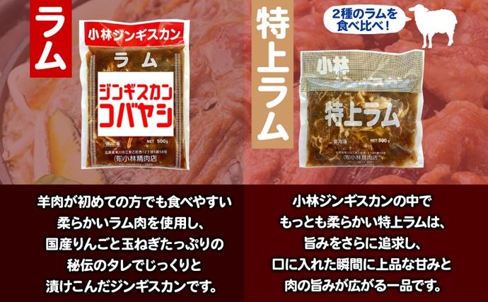北海道滝川市のふるさと納税 サッポロスマイル賞 受賞 小林ジンギスカン ラムお試しセット ラム 特上ラム 2種セット ラム肉 ジンギスカン ジューシー 簡単調理 フライパン調理 流水解凍 味付け 味付 味付肉 BBQ 冷凍 送料無料 北海道 滝川市