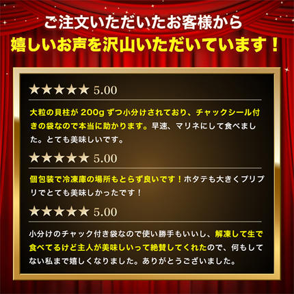 北海道枝幸町のふるさと納税 小分けで便利！枝幸ほたて冷凍貝柱200g×5パック 三興水産 【 刺身 魚介 帆立 超目玉 急速冷凍 自然解凍 生食可 食べ切りサイズ 北海道 オホーツク 枝幸 】