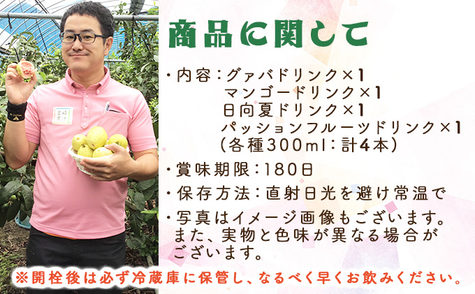 宮崎県串間市のふるさと納税 KU115 【ふるさと納税】驚きの果実感！トロピカル飲み比べセット ハーフボトル4本セット(合計4本・各300ml、マンゴー、グァバ、パッションフルーツ、日向夏)【宮崎果汁】