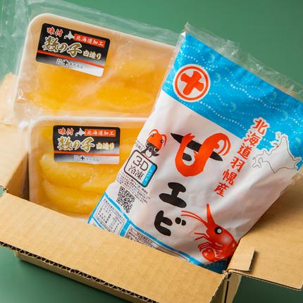 北海道羽幌町のふるさと納税 お刺身用甘えび（500g）・味付けかずのこ（140g×2パック）セット【05117】