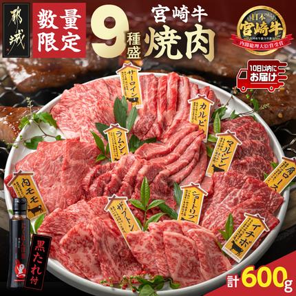 [数量限定]宮崎牛9種盛り焼肉セット≪みやこんじょ特急便≫_22-31-006-600g-Q 牛肉 宮崎牛 食べ比べ カルビ 冷凍 人気 都城市 肉 おすすめ 焼き肉 焼肉 BBQ