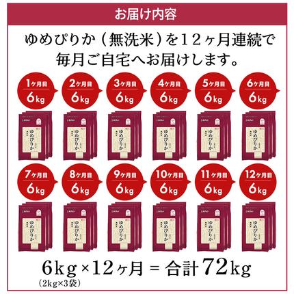 北海道仁木町のふるさと納税 12ヵ月 定期便 ホクレンゆめぴりか（無洗米6kg（2kg×3））※チャック付袋 お米 米 ごはん 無洗米 白米 国産 北海道 こめ コメ [JA新おたる]
