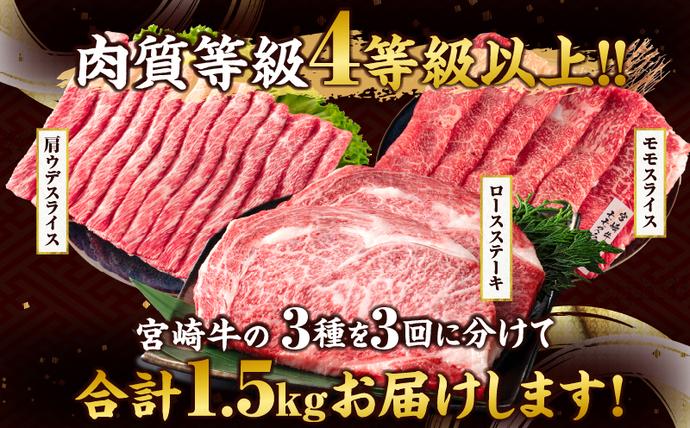 宮崎県日南市のふるさと納税 【セゾン限定】3か月 お楽しみ 宮崎牛 3強 スペシャル 定期便 総重量1.5kg 肩ウデ モモ ロースステーキ 肉 牛肉 すき焼き しゃぶしゃぶ 黒毛和牛 和牛 国産 食品 牛丼 薄切り おすすめ おかず お弁当 ブランド牛 ご褒美 記念日 お祝い 冷凍 宮崎県 日南市 送料無料_GE11-25