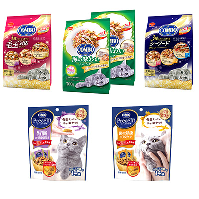 静岡県袋井市のふるさと納税 キャットフード：コンボ5種類アソート 日本ペットフード ネコ 猫 愛猫 ケア ペット えさ セット COMBO 歯 口臭 腎臓 アソート シーフード 毛玉 健康 キャット 加工食品 まぐろ味 かつお節 小魚添え