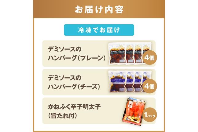 福岡県飯塚市のふるさと納税 かねふく辛子明太子&デミソースのハンバーグ2種セット【A5-301】