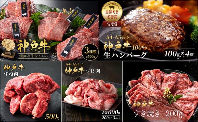 兵庫県加西市のふるさと納税 神戸牛 福袋 生ハンバーグ 4個 すじ肉 600g すき焼き 200g 焼肉セット 計400g 牛タン100g 牛スネ肉 500g セット
