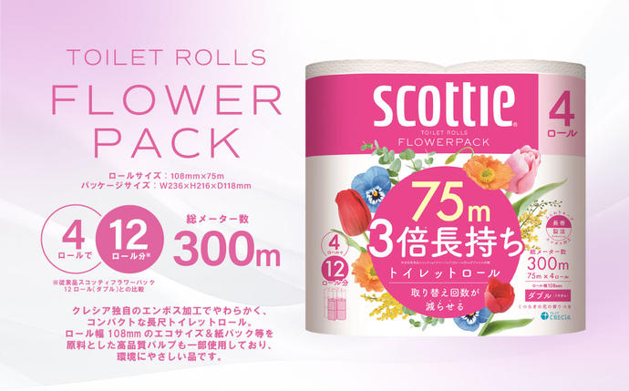 熊本県八代市のふるさと納税 ＼スピード発送／【スコッティ】トイレットロール ダブル フラワーパック 3倍長持ち 4ロール 香りつき 日用品 生活必需品 スピード発送 【7営業日以内に発送】