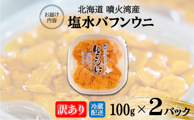 北海道伊達市のふるさと納税 訳あり 北海道 噴火湾産 塩水 バフンウニ 100g 2パック 計200g 《アフター保証付き》うに ウニ 雲丹 海鮮 海の幸 魚介類 ウニ丼 お寿司 濃厚 無添加 産地直送 お取り寄せ 山村水産 送料無料