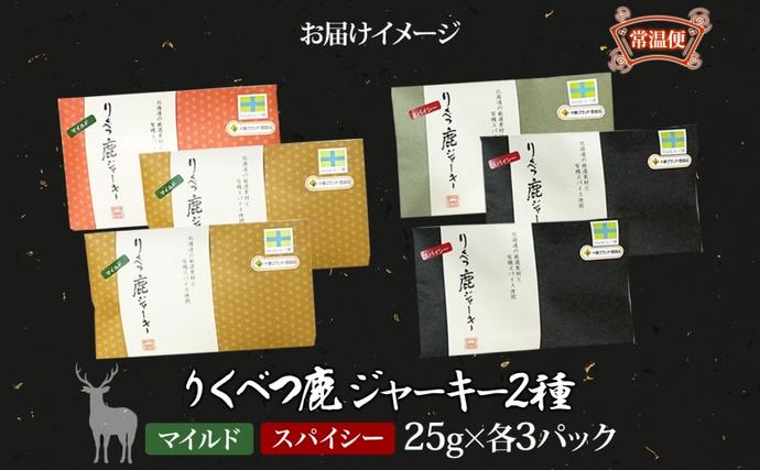 北海道陸別町のふるさと納税 【りくべつ鹿ジャーキーセット】6箱 マイルド味 25g×3 スパイシー味 25g×3 鹿肉 肉 ジビエ 常温 送料無料 エゾシカ 鮭節 焼塩 赤ワイン てんさい糖 日高昆布スパイス やわらかい上質 鹿 濃厚旨味 しっとり ご飯 つまみ ご飯 夕食 北海道 陸別町
