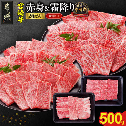 宮崎牛焼肉2種500gセット(霜降り200g 赤身300g)_AO-N2-002-500g-S2A3-CF 牛肉 宮崎牛 焼肉 BBQ 食べ比べ 冷凍 都城市