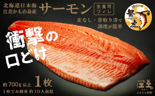 北海道江差町のふるさと納税 ＼配送月指定可／北海道産 サーモン フィレ 生食用 700g以上 皮なし・骨取り済 半身分　1枚でお刺身10人前分くらい　日本海 かもめ島海面養殖　純国産 ブランドサーモン『江さしっ子 繁虎』　衝撃の口どけ　とろける脂　生食可　冷凍　トラウトサーモン　刺身　サーモンステーキ　カルパッチョ　海鮮　鮭　さけ　シャケ　しゃけ　さーもん