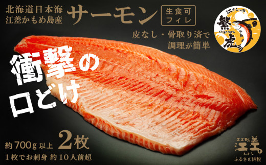 北海道江差町のふるさと納税 ＼配送月指定可／北海道産 サーモン フィレ 生食用 700g以上×2枚 皮なし・骨取り済 1尾分　1枚でお刺身10人前分くらい　日本海 かもめ島海面養殖　純国産 ブランドサーモン『江さしっ子 繁虎』　衝撃の口どけ　とろける脂　生食可　冷凍　トラウトサーモン　刺身　サーモンステーキ　カルパッチョ　海鮮　鮭　さけ　シャケ　しゃけ　さーもん