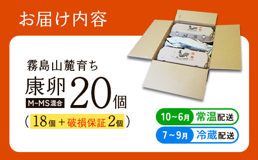 宮崎県えびの市のふるさと納税 卵 霧島山麓育ち こだわり卵 康卵 計 20個（18個 + 割れ保証 2個）たまご 玉子 卵焼き 玉子焼き 生卵 鶏卵 国産 宮崎県産 送料無料