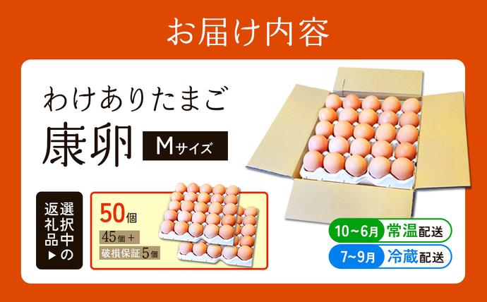 宮崎県えびの市のふるさと納税 わけありたまご 康卵 Mサイズ 50個（45個 + 割れ保証 5個）卵 霧島山麓育ち こだわり卵 たまご 玉子 卵焼き 玉子焼き たまご焼き 鶏卵 たまごかけ 送料無料