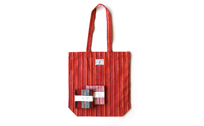 静岡県浜松市のふるさと納税 【遠州綿紬】はんかち2枚&エコバッグ　赤系 日用品