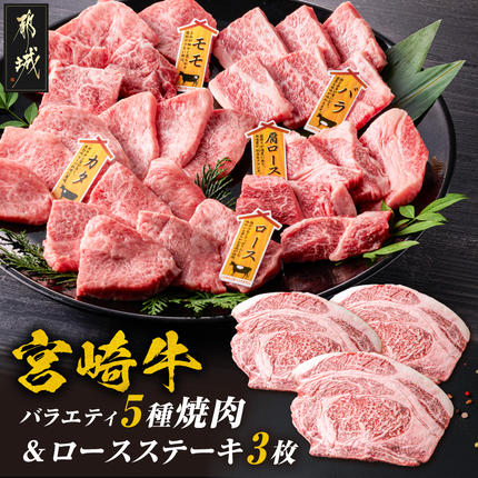 宮崎牛ロースステーキ3枚&バラエティ焼肉500gセット_AE-89-013