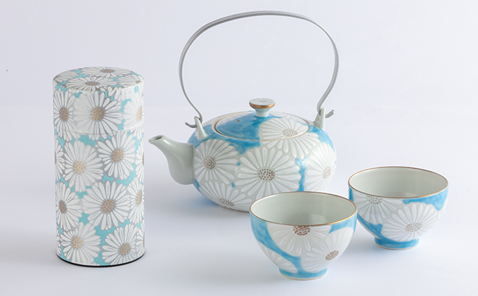 清水焼白菊茶器セット(宇治煎茶160g、土瓶、湯呑2客)〈お茶 茶 緑茶 清水焼白菊茶器セット(宇治煎茶160g、土瓶、湯呑2客)〈お茶 茶 緑茶