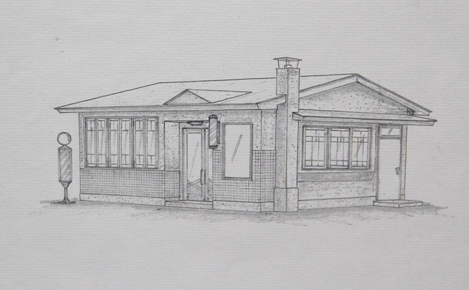 北海道南富良野町のふるさと納税 映画「鉄道員（ぽっぽや）」ロケセットデザイン画（複写）【床屋】 北海道 南富良野町 デザイン画 映画 鉄道員 ぽっぽや インテリア 地域のお礼の品 絵画