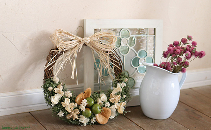 北海道上富良野町のふるさと納税 富良野 花七曜 青リンゴのリースL＊シンプル インテリア 雑貨 日用品