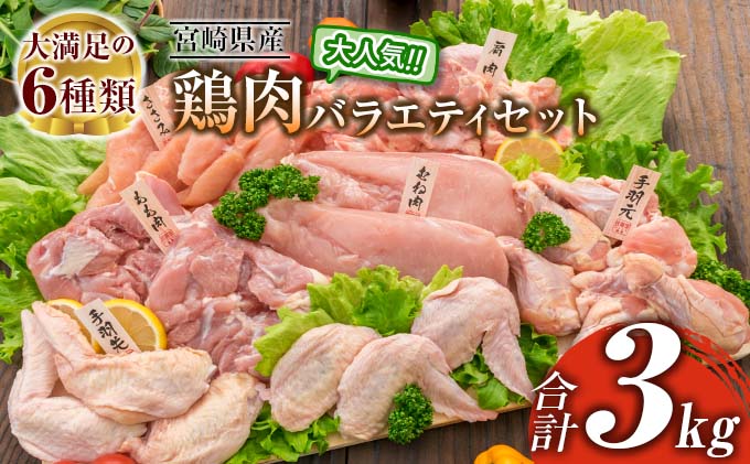 宮崎県日南市のふるさと納税 ≪様々な料理に大活躍!≫ 小分け 真空パック 鶏肉 バラエティ セット 合計3kg 鶏もも肉 鶏むね肉 ささみ 手羽先 手羽元 詰め合わせ 国産 肉 大満足 6種 食品 おかず からあげ BBQ 人気 おすすめ お弁当 万能食材 宮崎県 日南市 送料無料_BC123-25