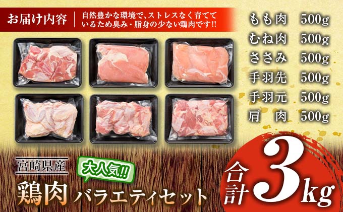 宮崎県日南市のふるさと納税 ≪様々な料理に大活躍!≫ 小分け 真空パック 鶏肉 バラエティ セット 合計3kg 鶏もも肉 鶏むね肉 ささみ 手羽先 手羽元 詰め合わせ 国産 肉 大満足 6種 食品 おかず からあげ BBQ 人気 おすすめ お弁当 万能食材 宮崎県 日南市 送料無料_BC123-25