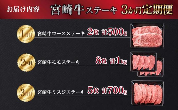 宮崎県日南市のふるさと納税 3か月 お楽しみ 定期便 宮崎牛 特選 ステーキ 総重量2.2kg 牛肉 黒毛和牛 ミヤチク ロース モモ ミスジ 国産 おかず 食品 焼肉 BBQ グルメ 人気 おすすめ 赤身 霜降り 希少部位 贅沢 高級 ご褒美 お祝 記念日 ブランド牛 お取り寄せ 宮崎県 日南市 送料無料_JB3-25