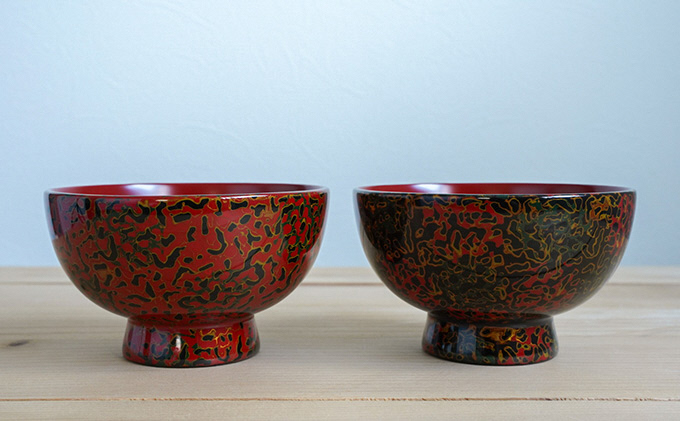 津軽塗 夫婦汁椀セット・唐塗 黒口呂上・赤上 食器 工芸品 伝統技術