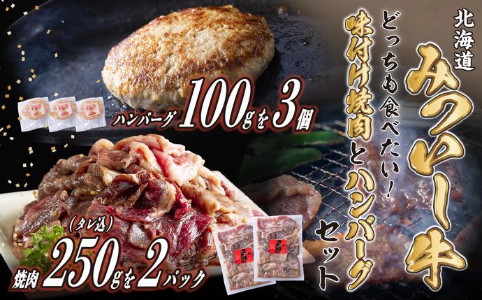 北海道新ひだか町のふるさと納税 北海道産 味付け 焼肉 ＆ 北海道産 黒毛和牛 みついし牛 と ホエー豚 ハンバーグ 計 800g (250g×2パック タレ込 ＆ 100g×3枚)