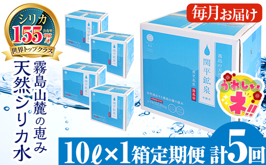 鹿児島県霧島市のふるさと納税 【寄附額改定】 B-025 ＜定期便・全5回＞関平鉱泉水10L×1箱ずつお届け(計5箱)【関平鉱泉所】 霧島市 シリカ シリカ水 水 シリカミネラルウォーター